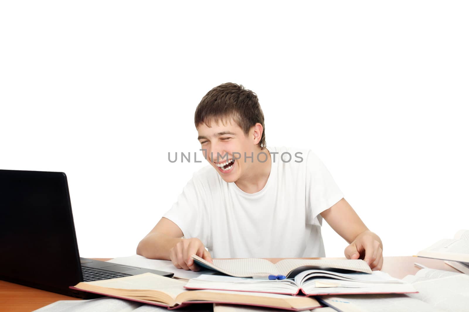 Happy Student Laughing on the School Desk. Isolated on the White Background