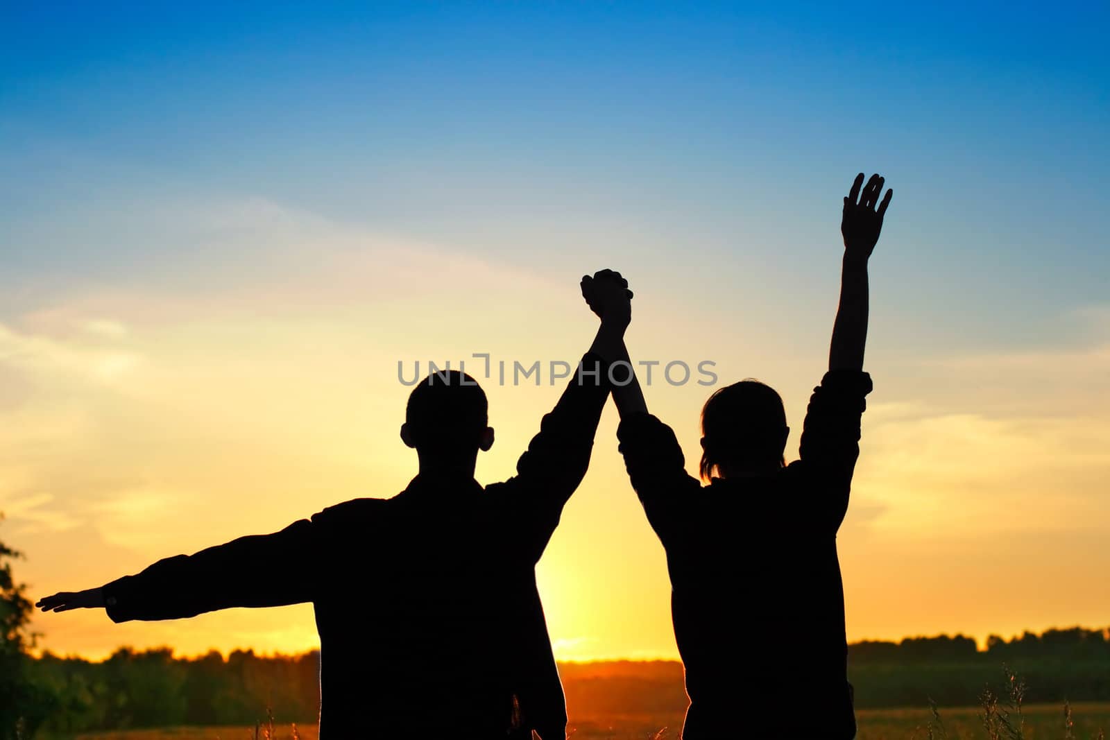 Silhouette of a Two Persons On Sunset In the Summer Field Background