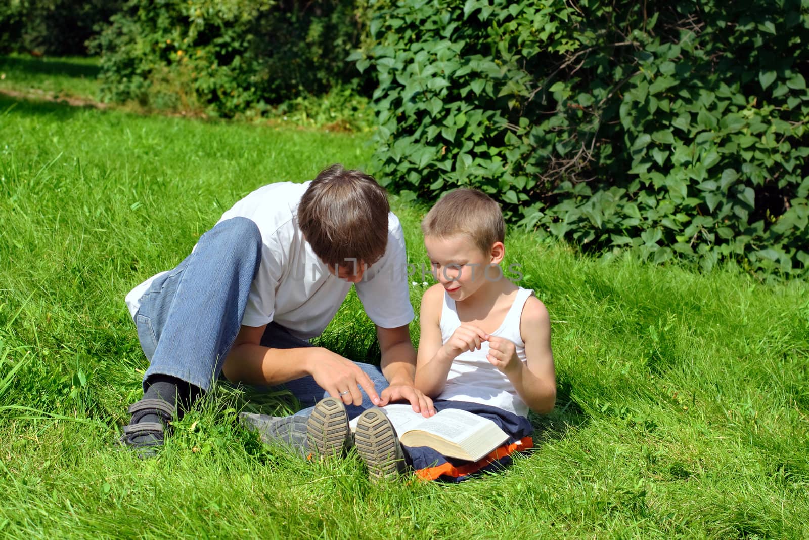 Older and Little Brothers reads a Book in the Summer Park