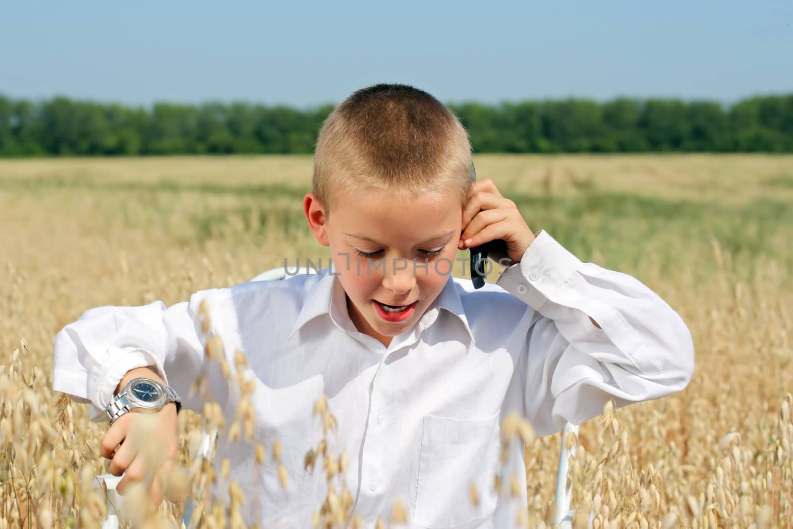 Young boy with mobile phone in the summer wheat field