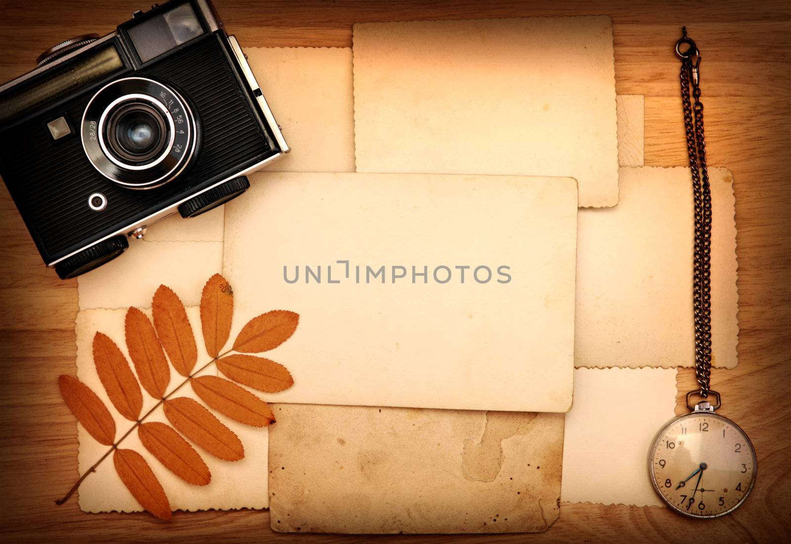 Vintage Still Life with Old Camera and Empty Paper for Text or Image