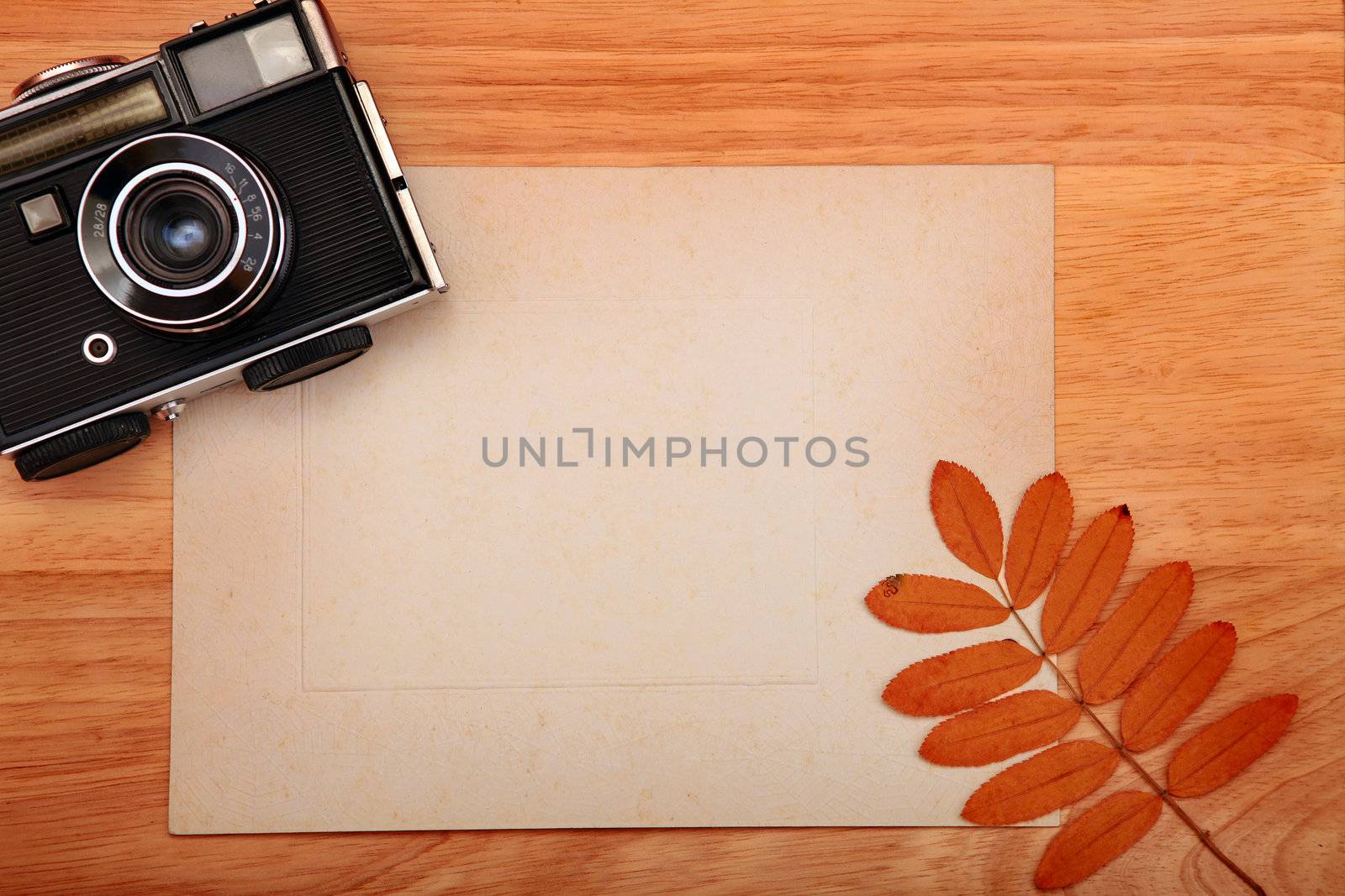 Vintage Photo Camera and Empty Paper on Wooden Background