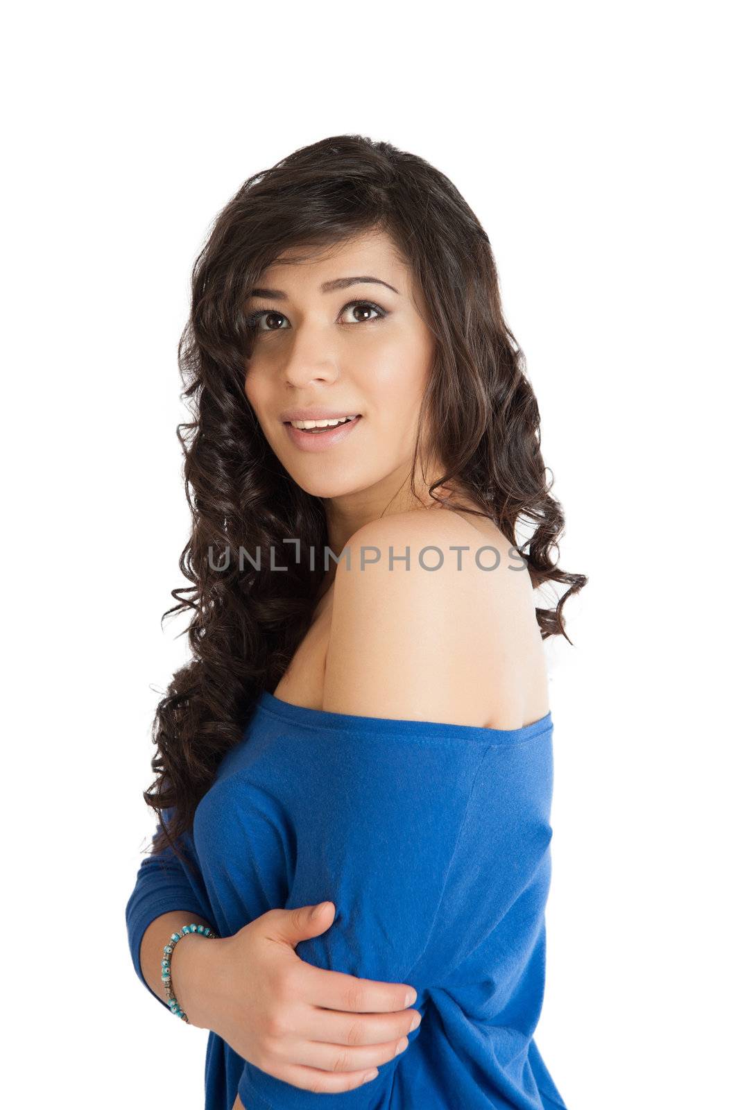 Beauty portrait of a beautiful brunette smiling on white background.