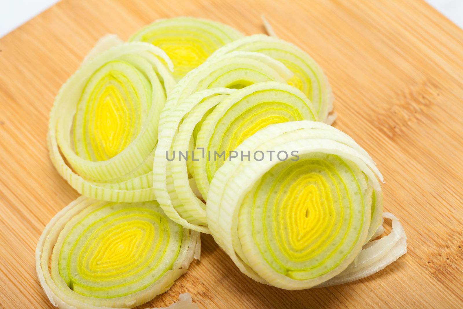 Sliced Leeks on woden table