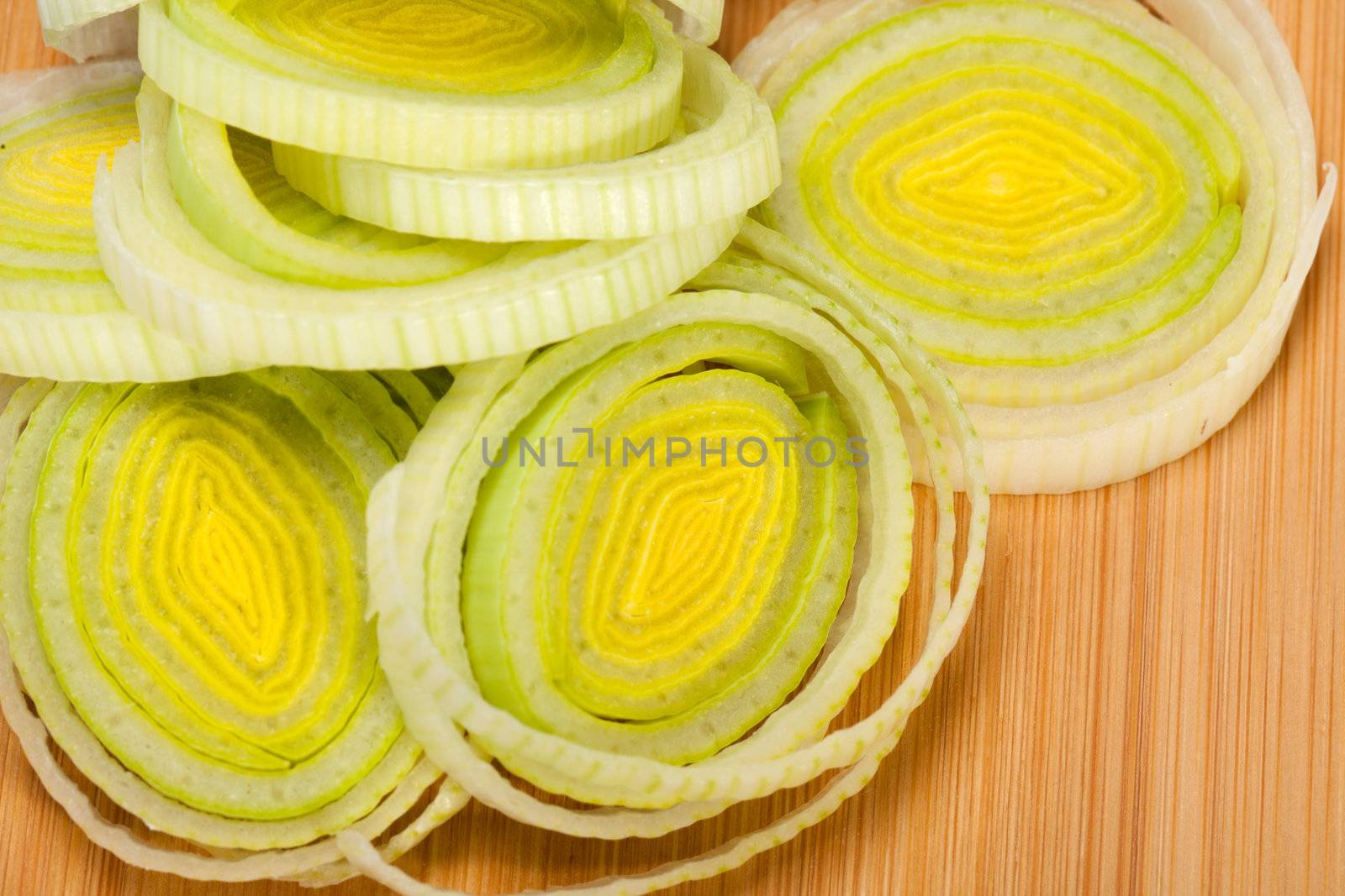 Sliced Leeks on woden table