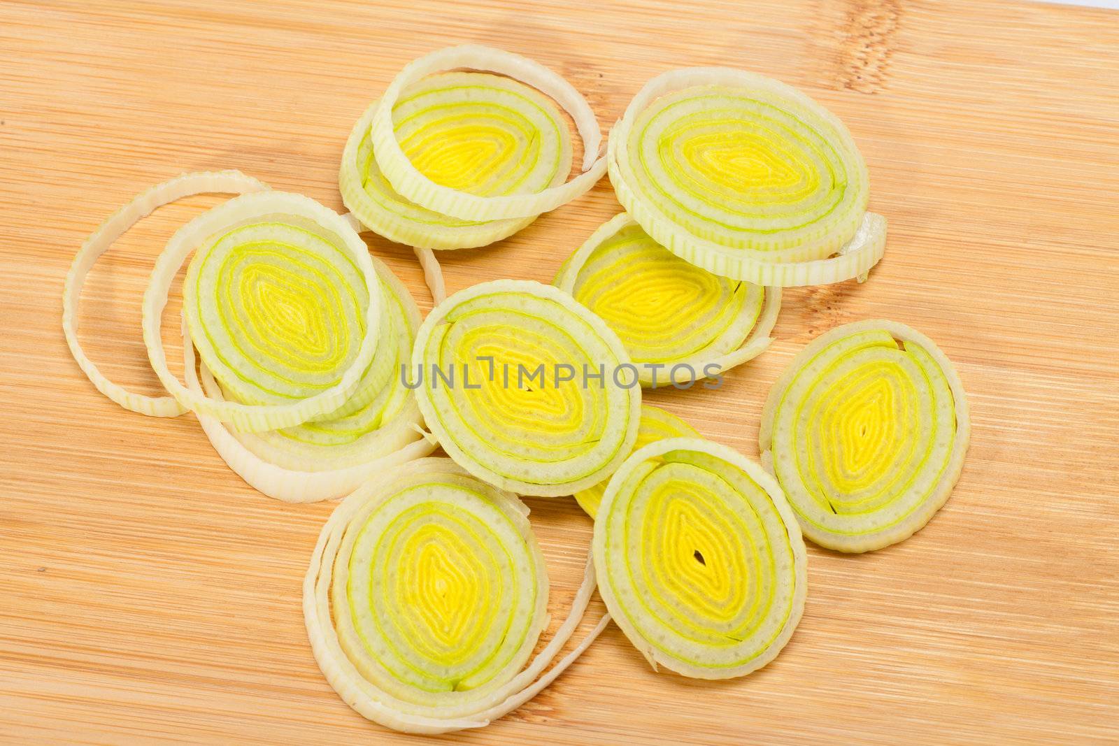 Sliced Leeks on woden table
