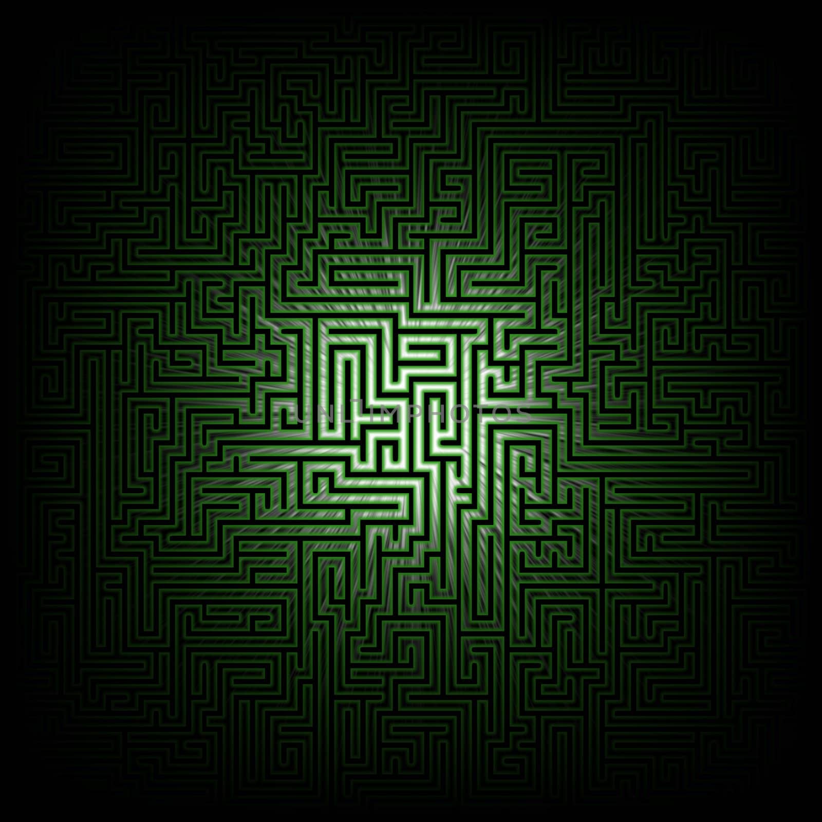 Illustration of a green and black maze with lens flare and faded edges