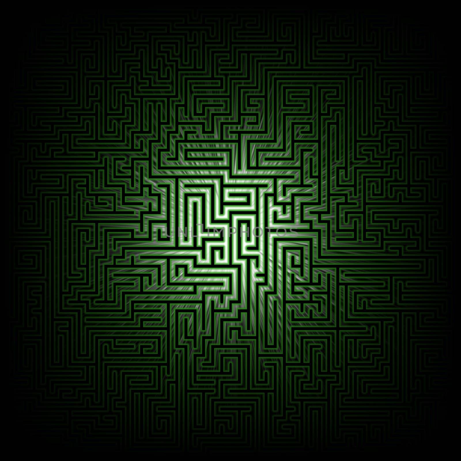 Illustration of a green and black maze with lens flare and faded edges