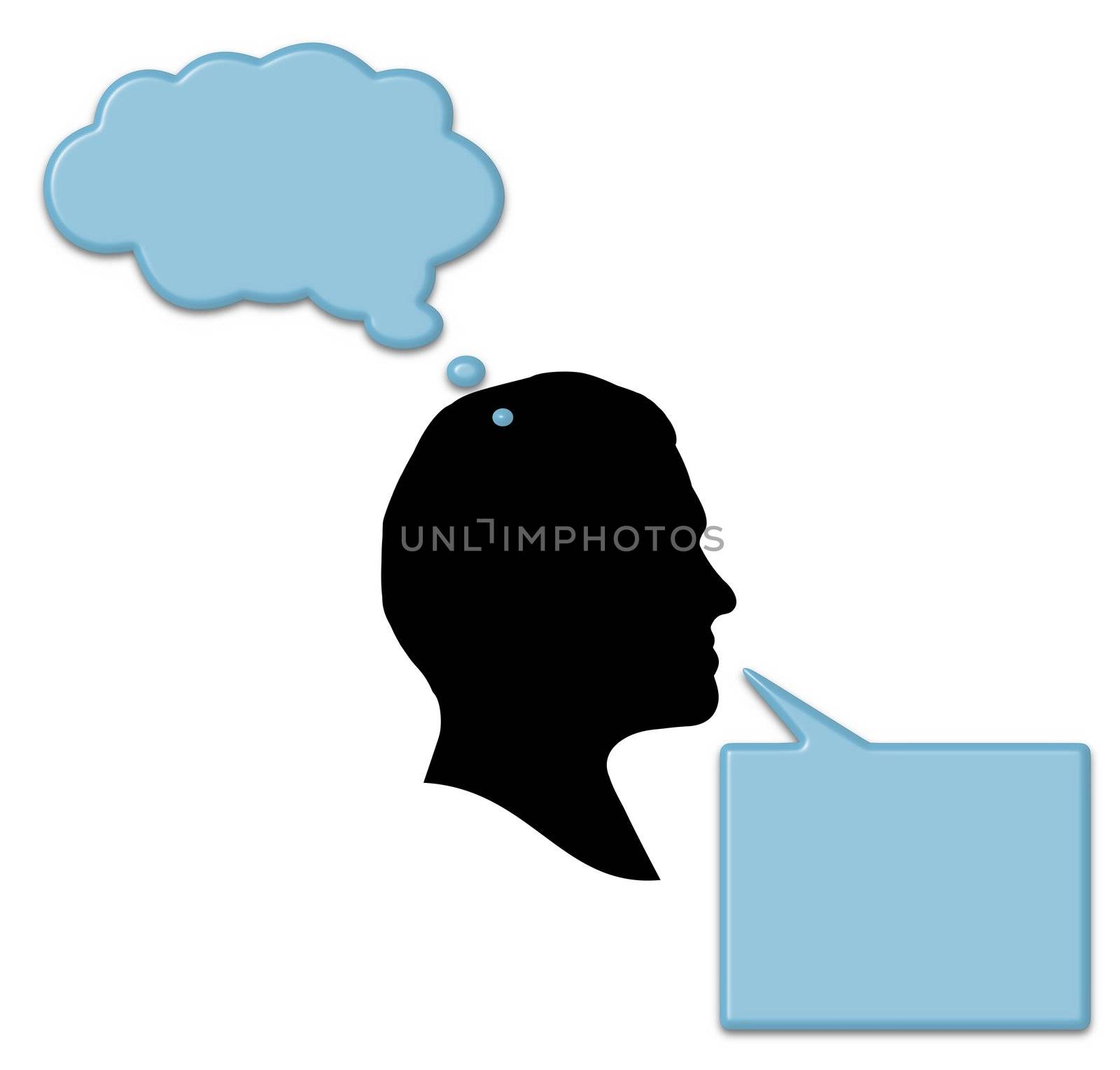 Illustration of a person with speech and thought bubbles