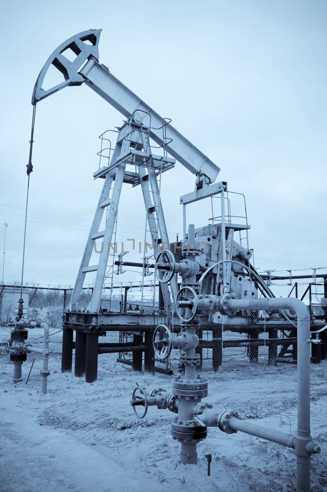 Oil and gas industry. Pump jack. Monochrome.