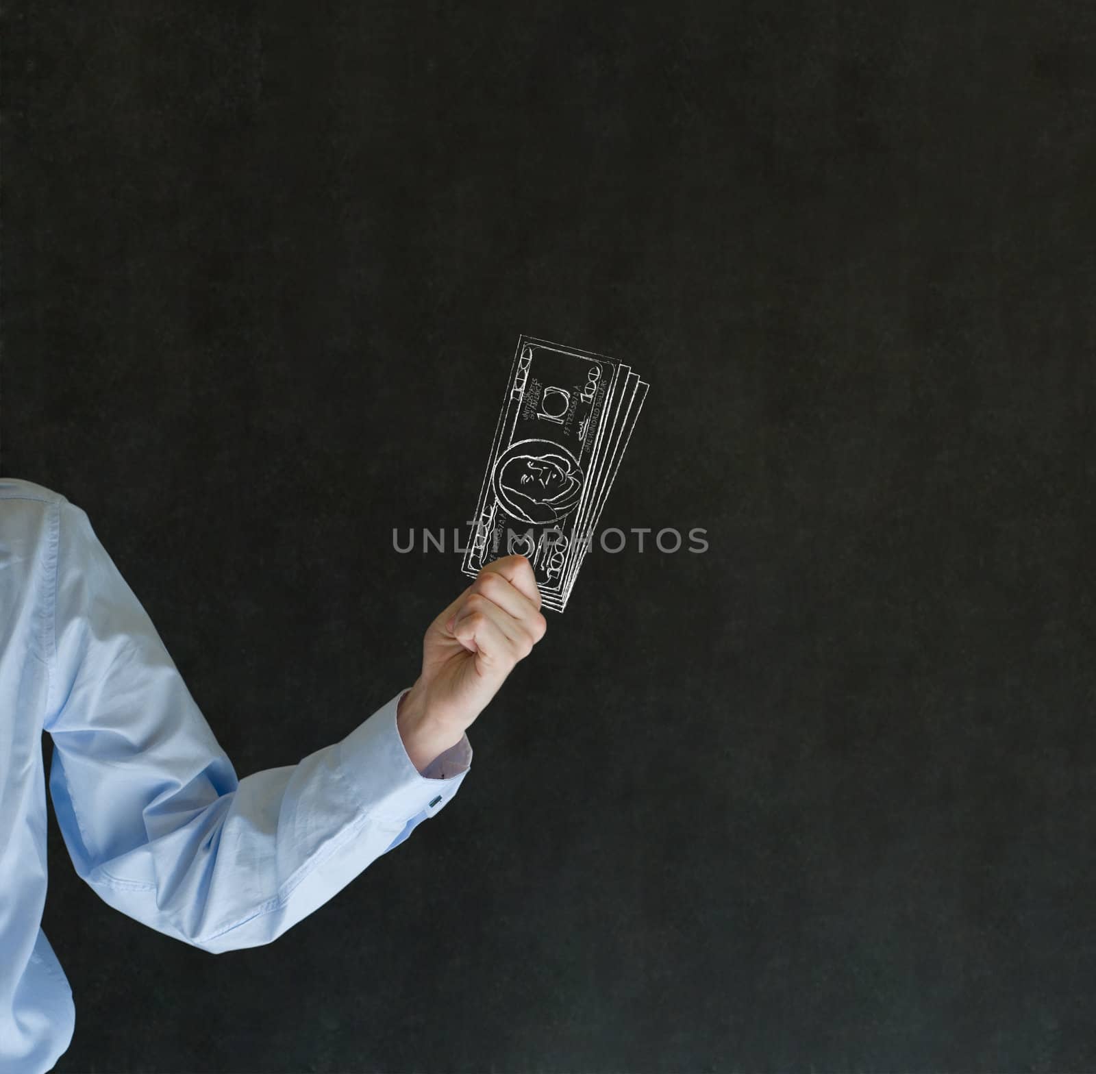 Business investor man, student or teacher with chalk dollars notes on blackboard background