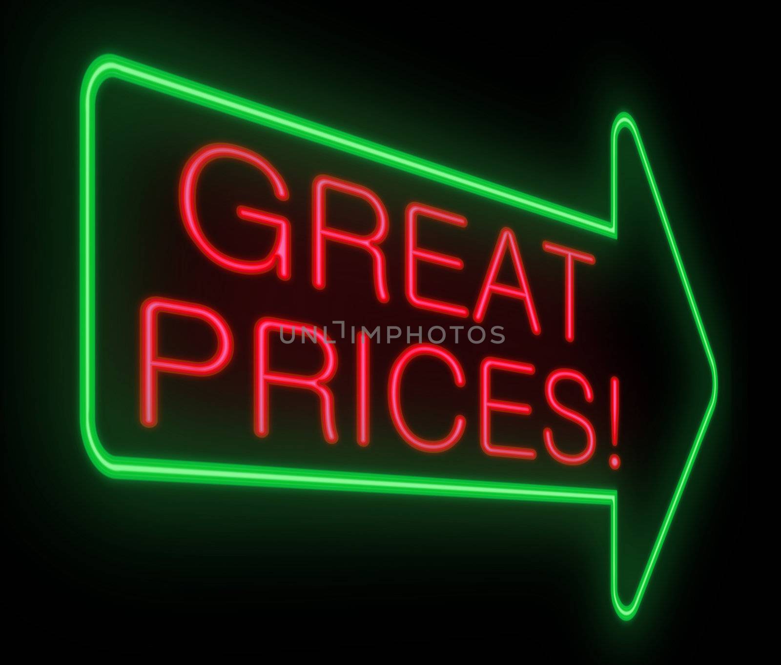 Illustration depicting a neon sign with a great prices concept.