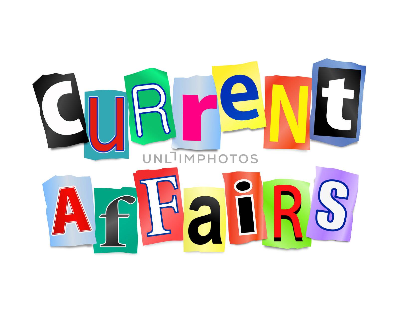 Illustration depicting cutout printed letters arranged to form the words current affairs.
