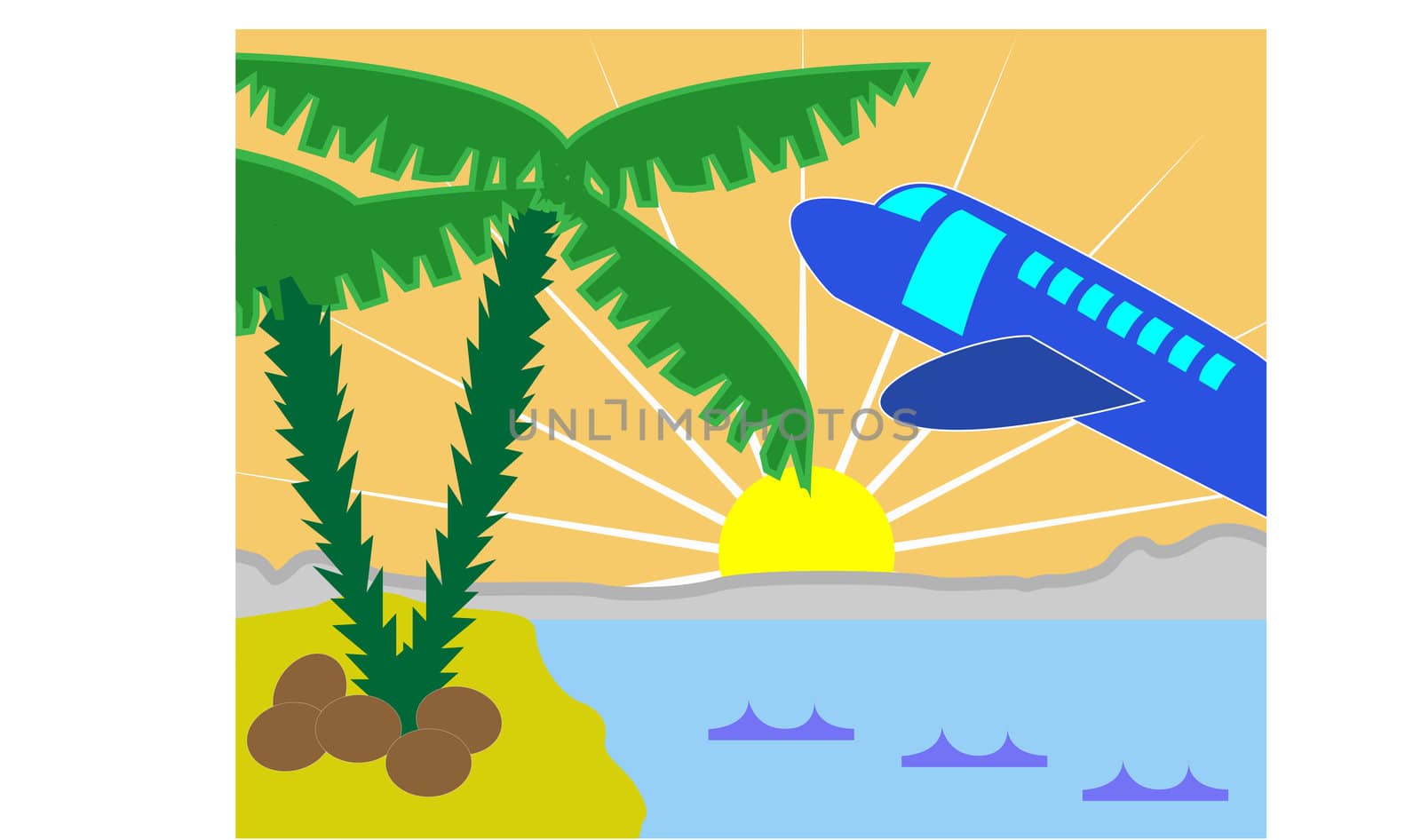 Tropical holiday island with beach and airplane