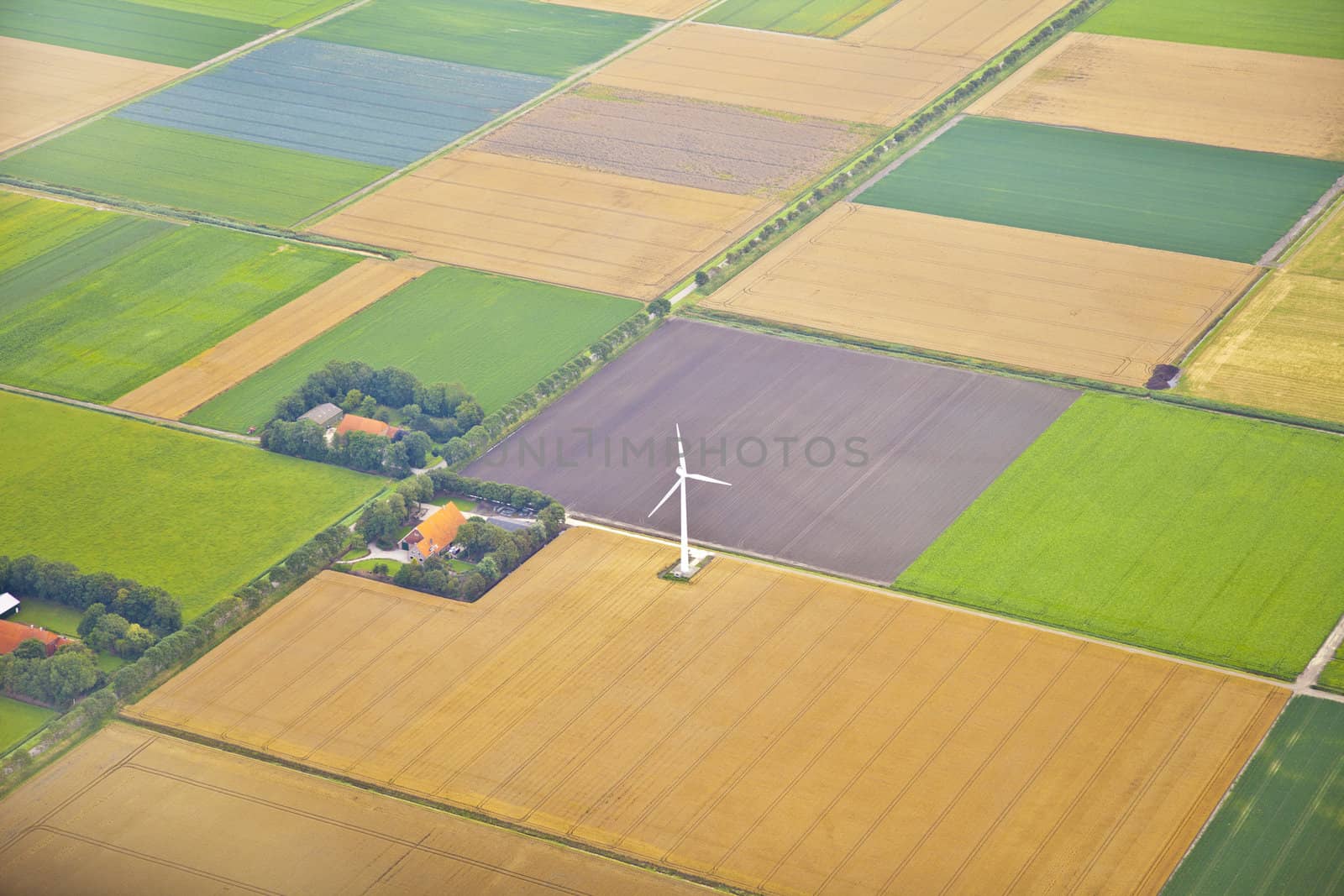 Farm landscape with windmill  from above, The Netherlands