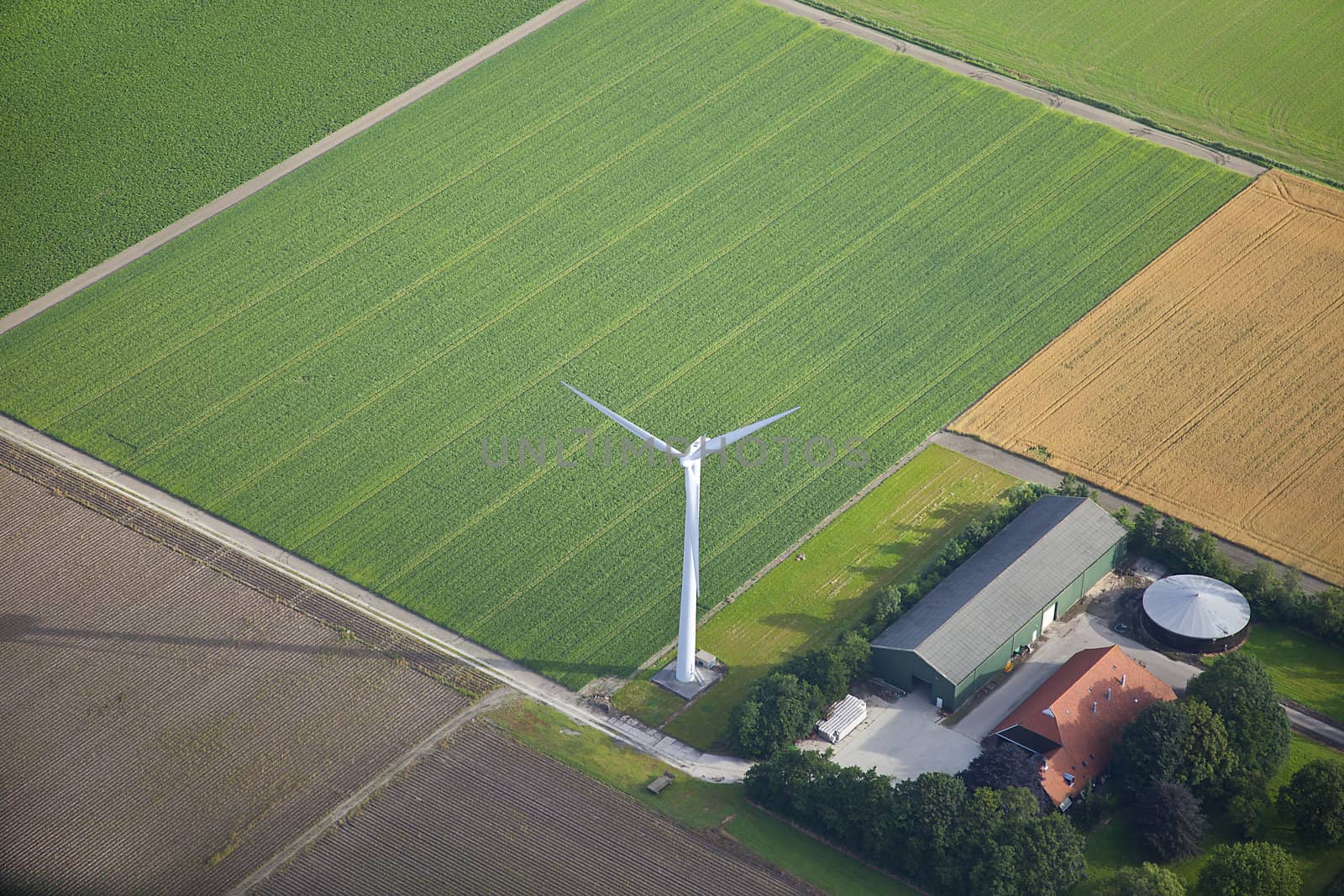 Farm landscape with windmill  from above, The Netherlands