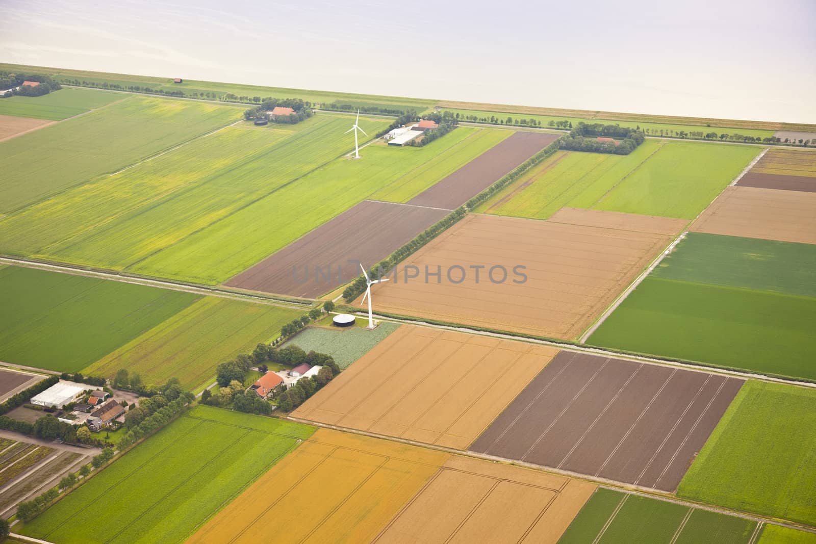 Farm landscape with windmill  from above, The Netherlands