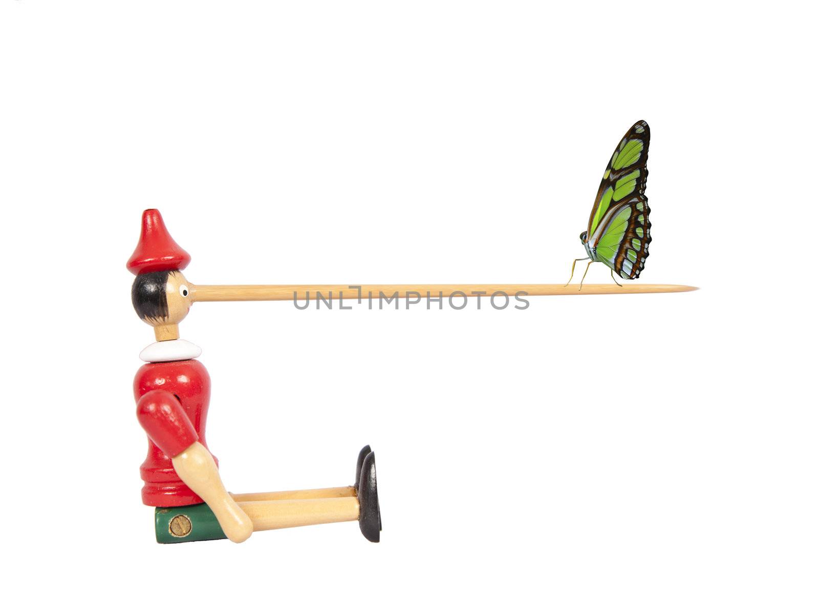 Wooden Pinocchio doll with long nose and butterfly