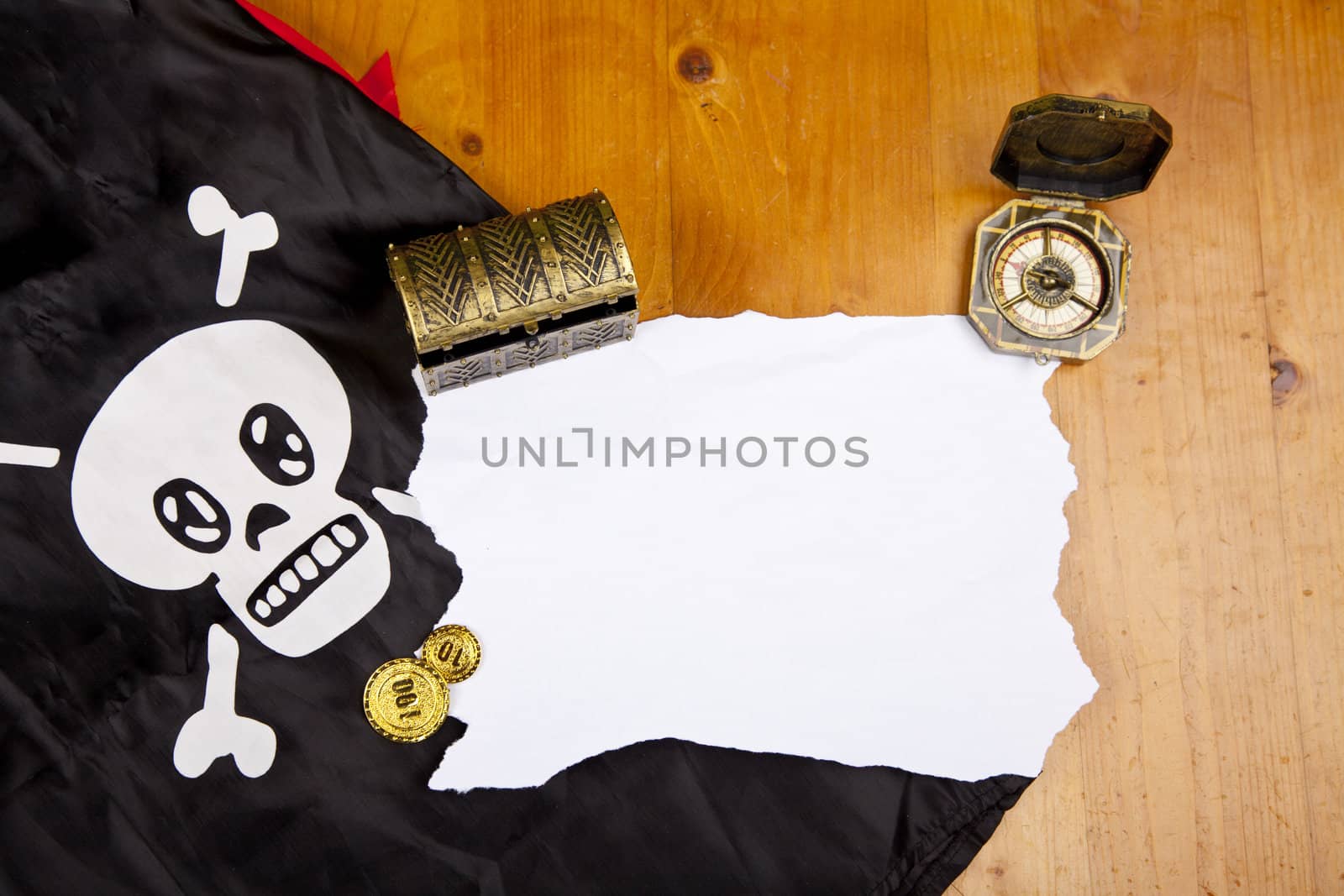Pirate blank map with treasure, compass and flag with skull