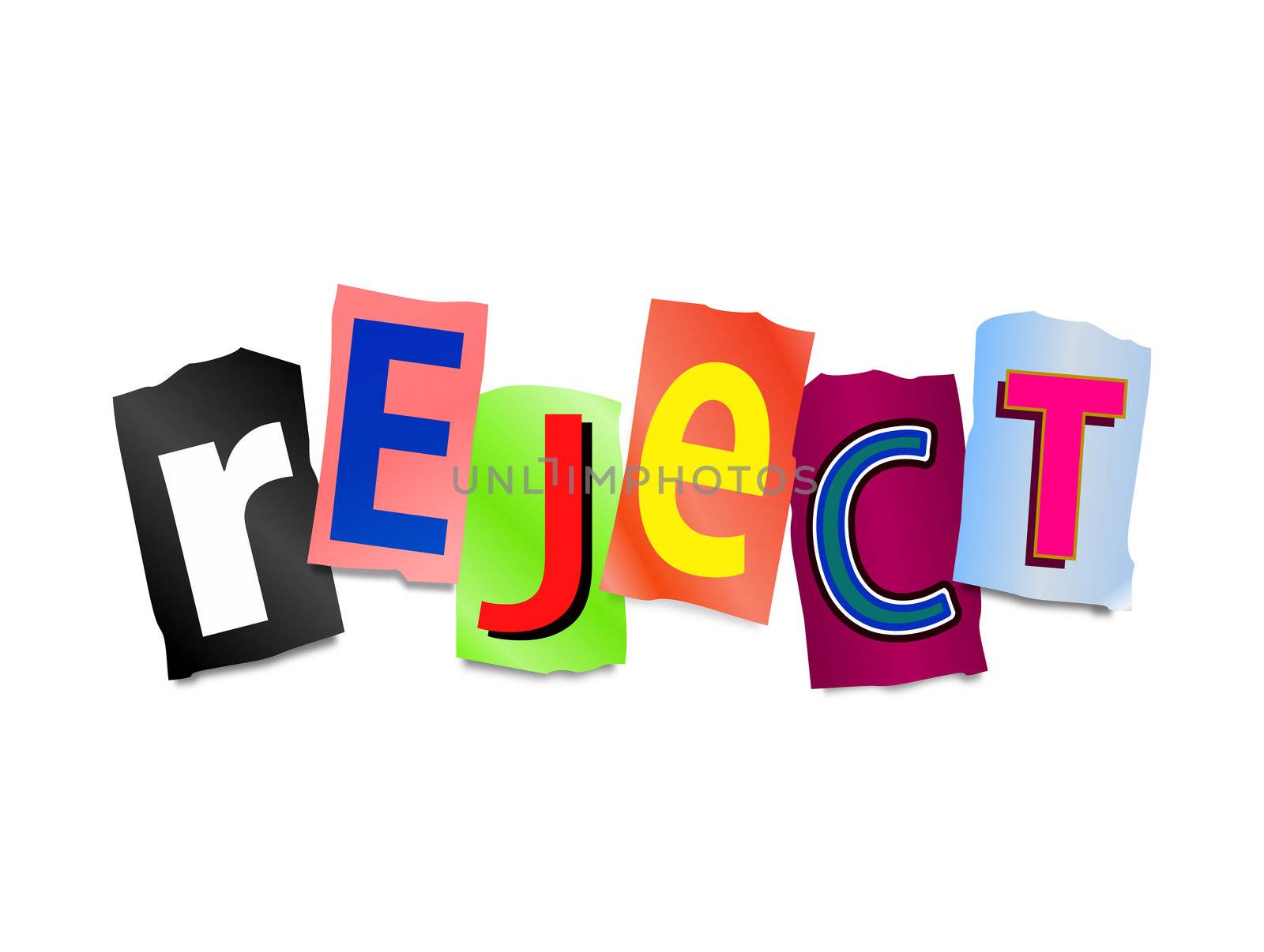 Illustration depicting cutout printed letters arranged to form the word reject.