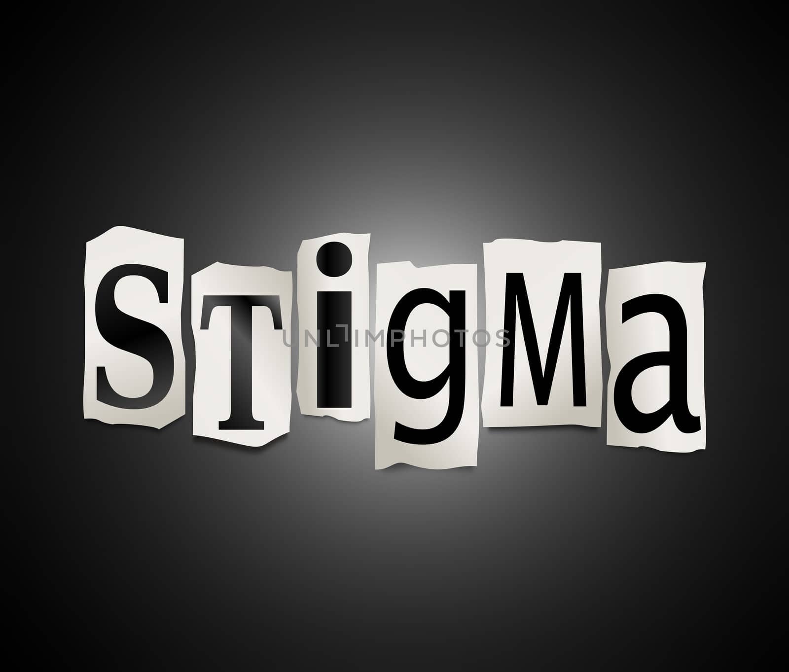 Illustration depicting cutout printed letters arranged to form the word stigma.