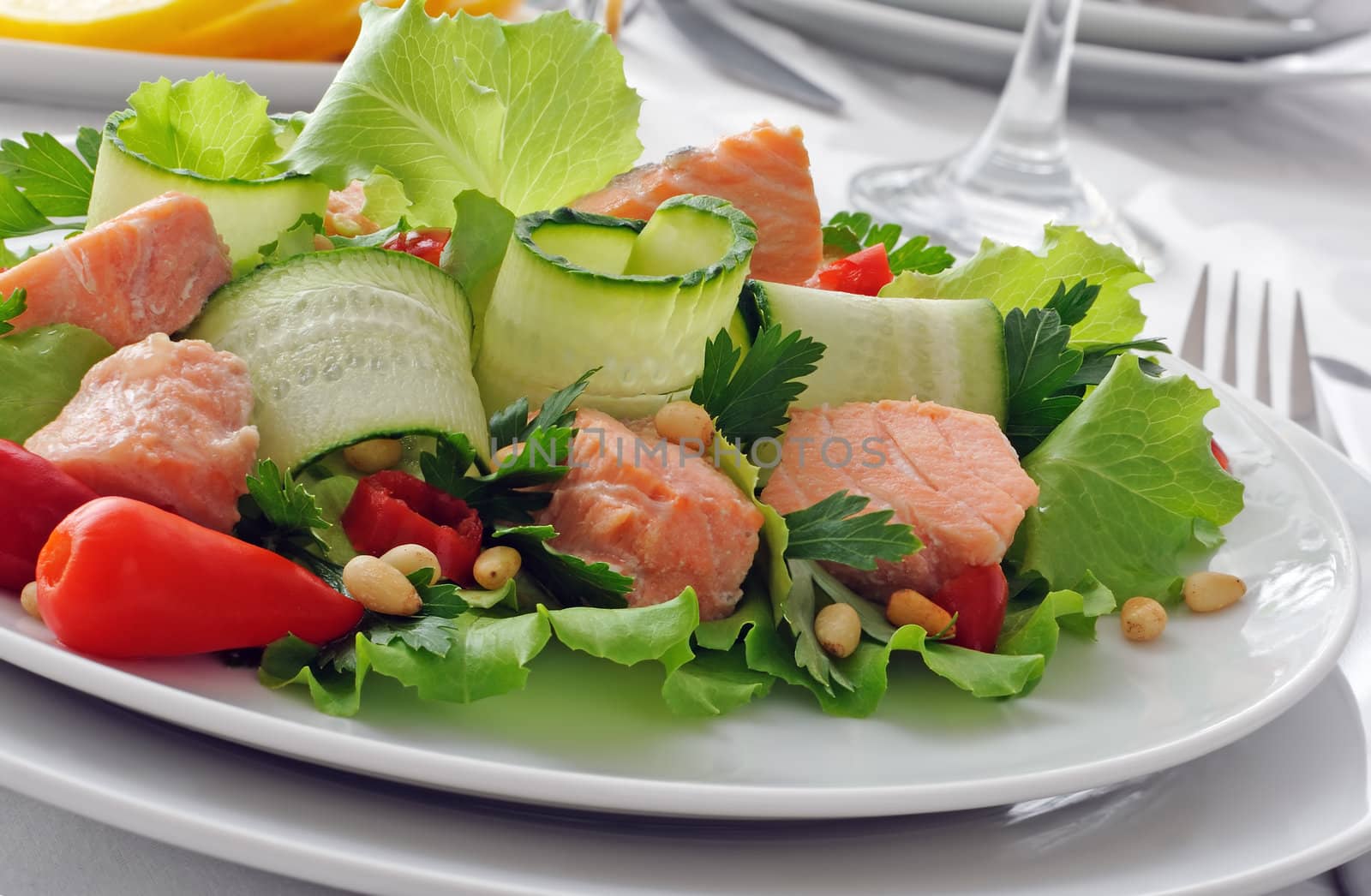 Vegetable salad with boiled salmon and pine nuts