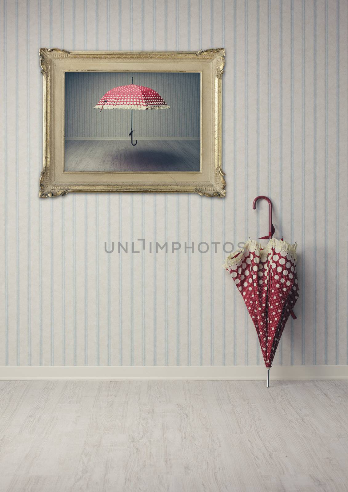 vintage umbrella in an empty room or art gallery
