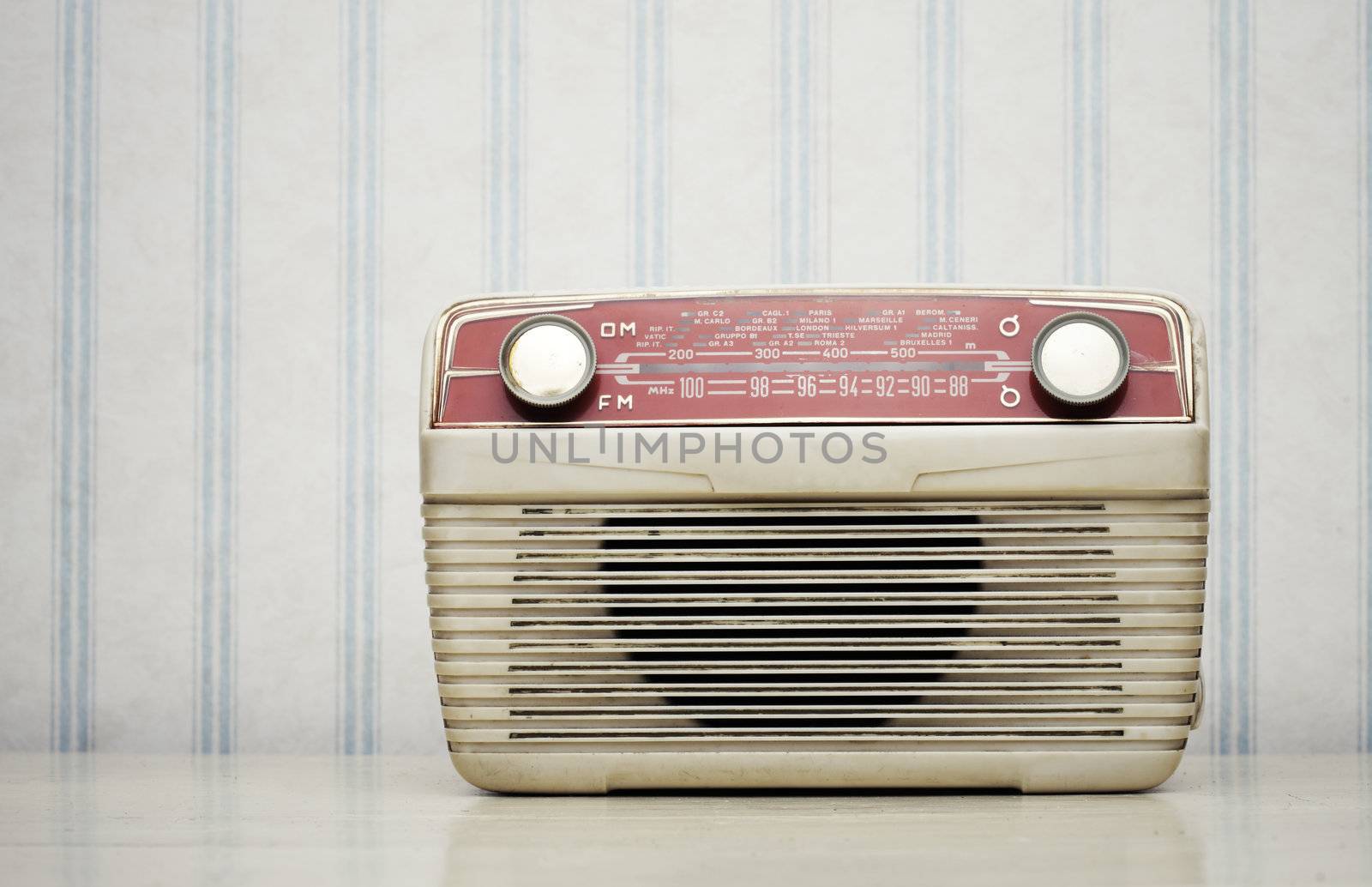 Antique radio on vintage wallpaper