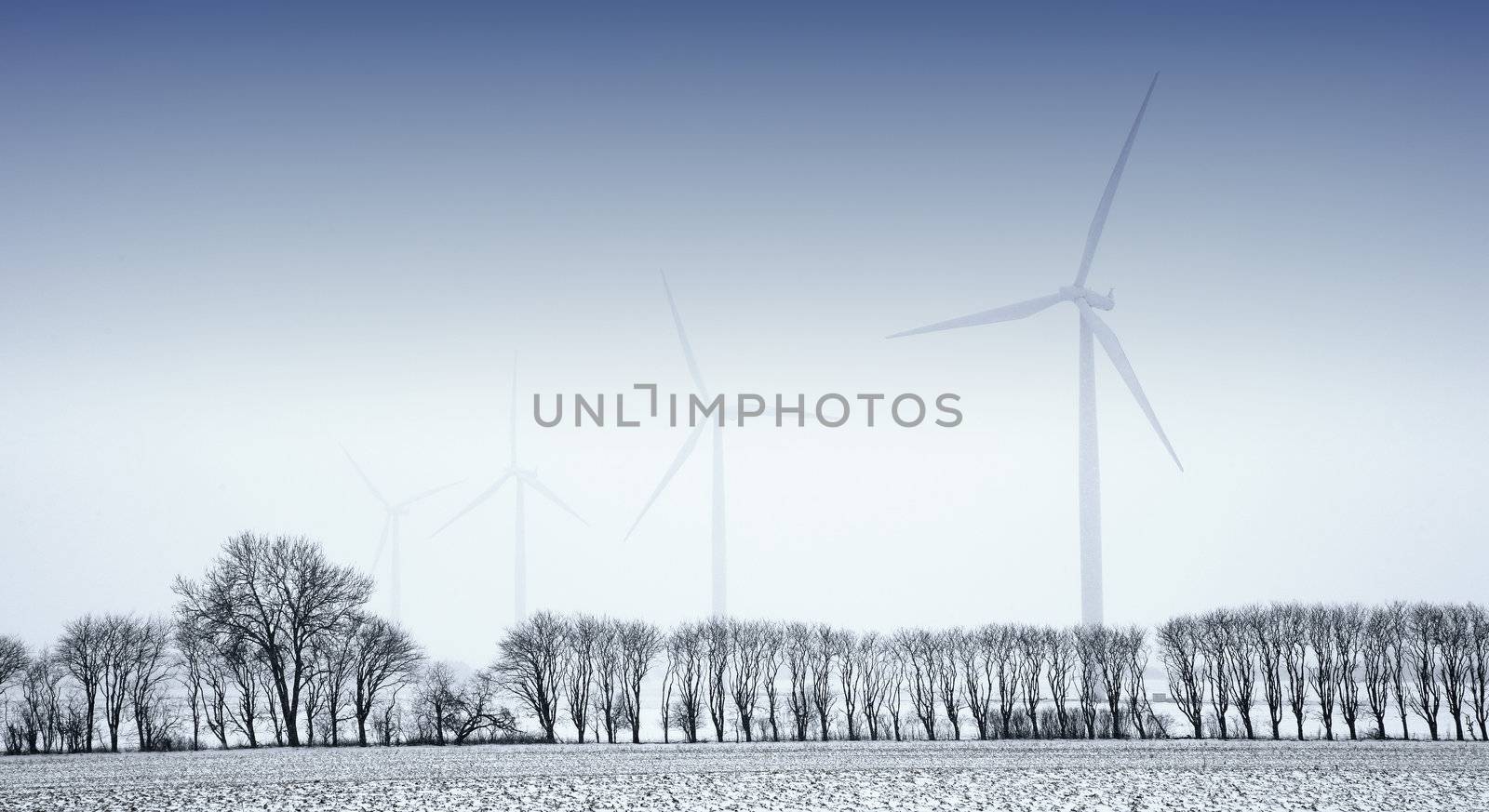 Windmills in the landscape at wintertime.