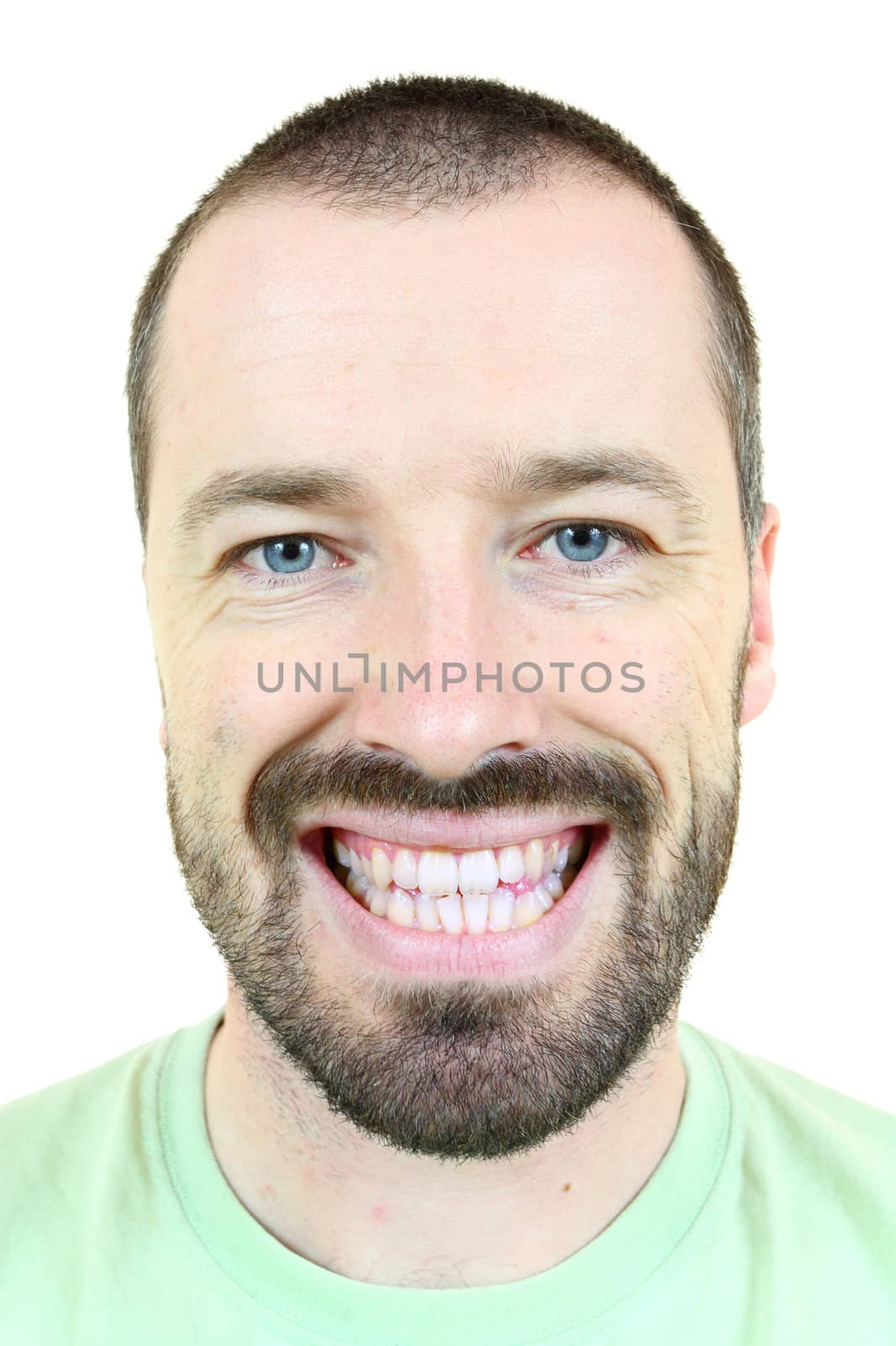 Happy smiling man. Young adult near his 30s - portrait isolated against white background. Short-haired male.