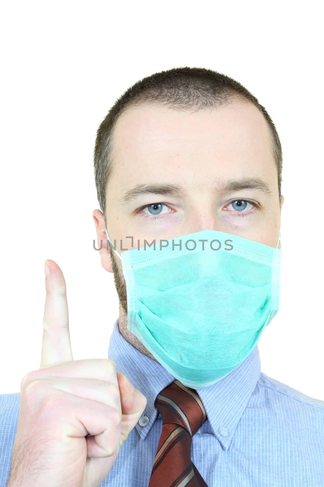 Doctor's advice - medical doctor in a necktie. Young adult near his 30s - portrait isolated against white background. Short-haired male.