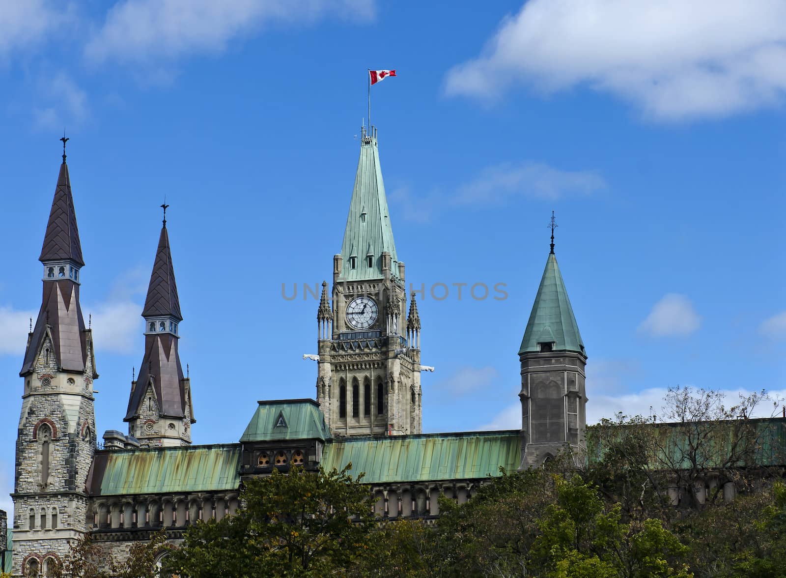 The canadian Parliament Centre and West Block towers in Ottawa, Canada.