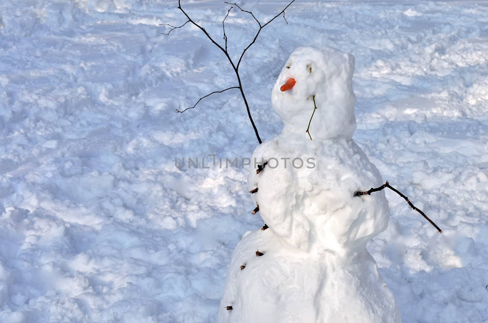Snowman made by kids standing in the park on snowy field.