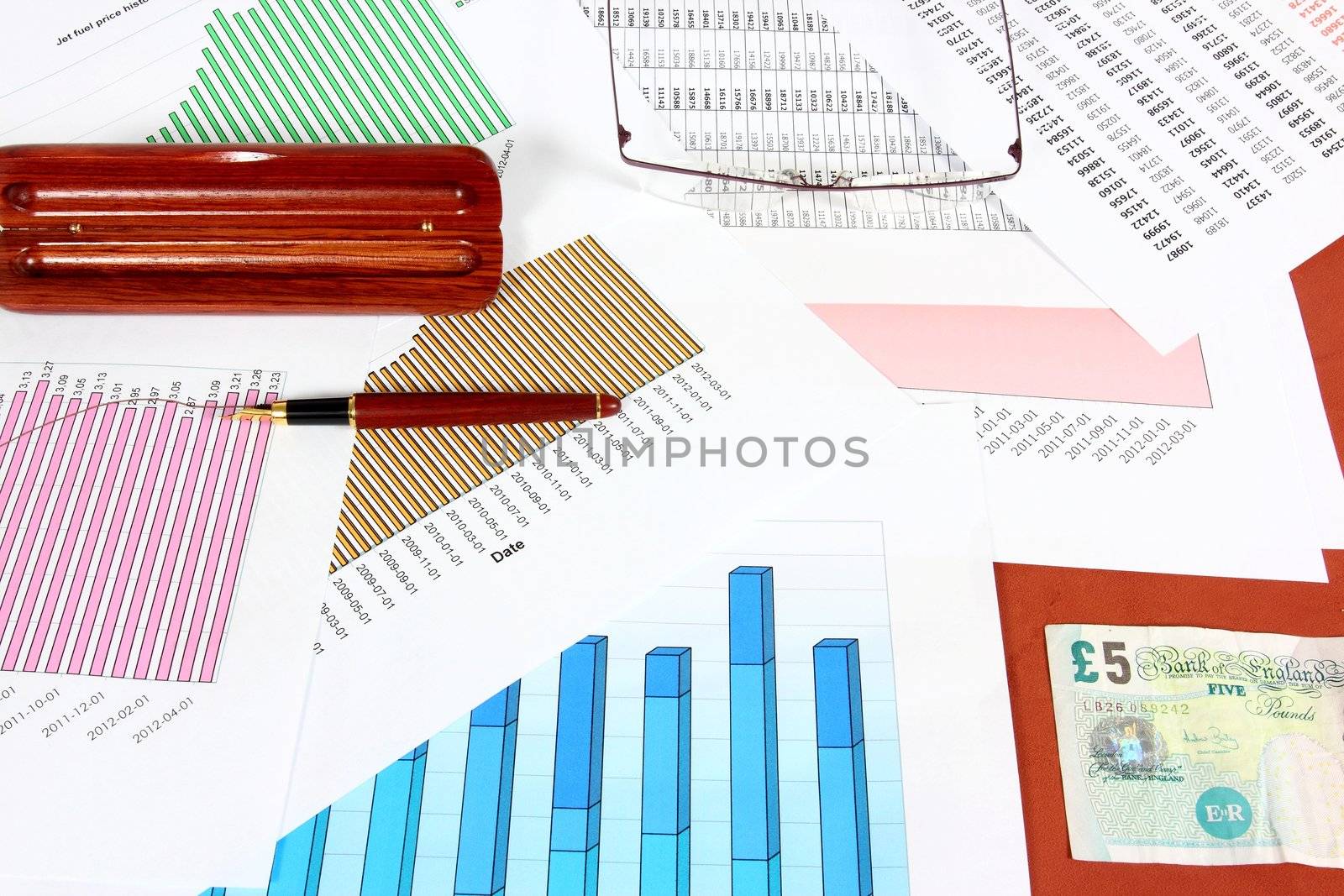 Business objects - fuel price charts, British pounds, ink pen and glasses. Financial concept.