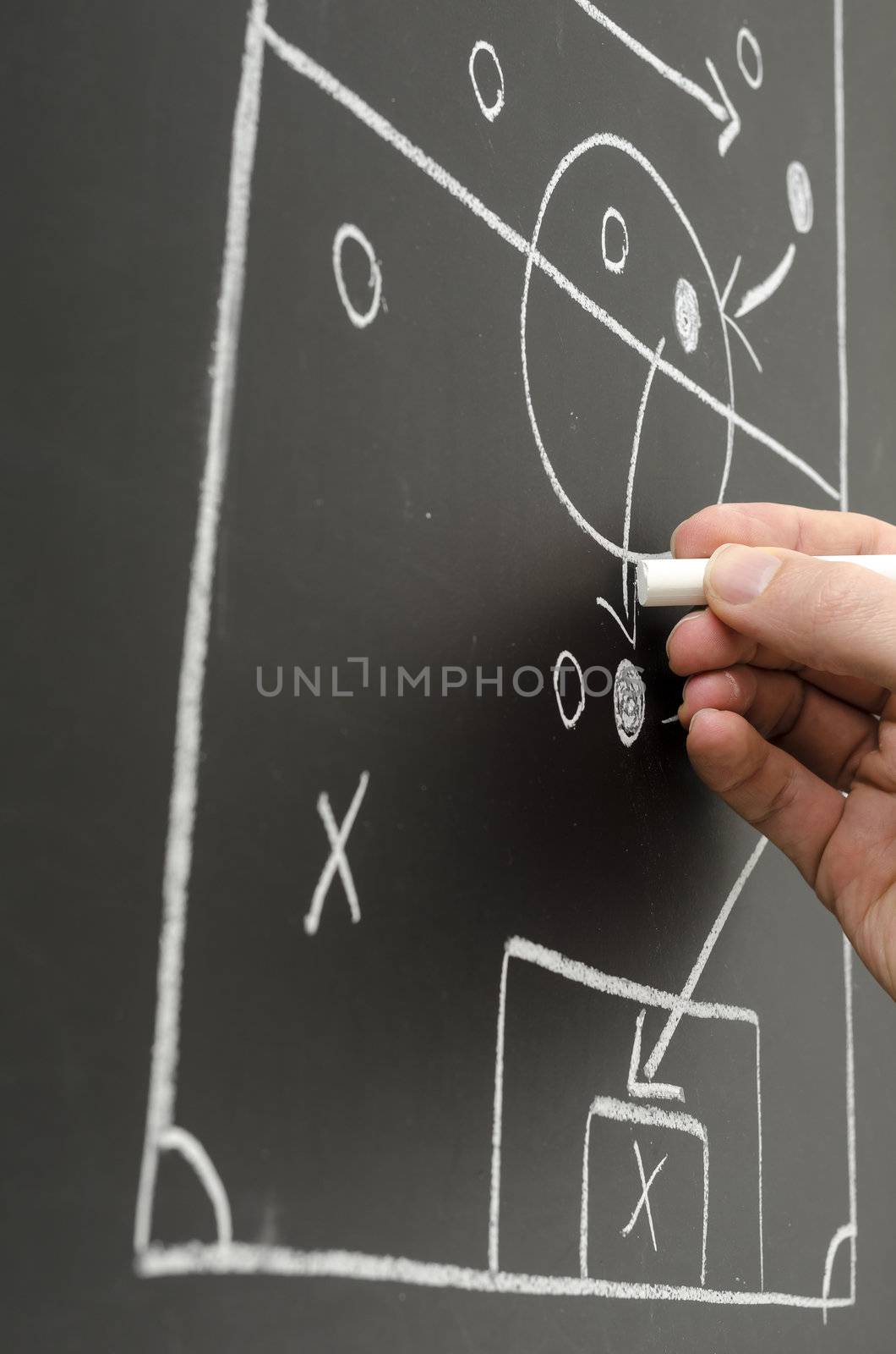 Football strategy on board with a male hand drawing a pass between players.