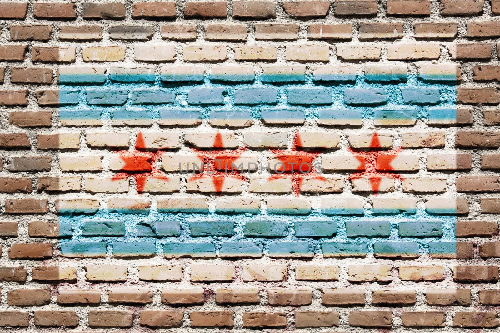 Chicago city flag spray painted on a brick wall. Grunge graffiti.