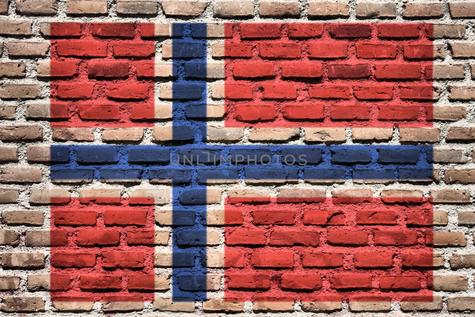 Norway national flag spray painted on a brick wall. Grunge graffiti.