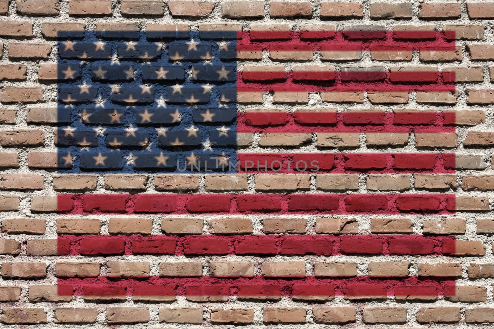 United States of America (USA) national flag spray painted on a brick wall. Grunge graffiti.