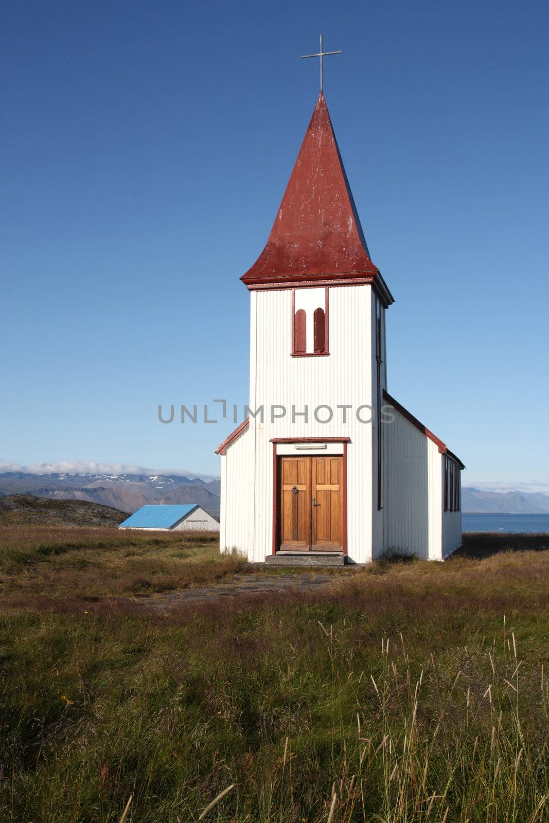 Old small wooden church in Hellnar, Snaefellsnes peninsula, Iceland. Beautiful landmark.