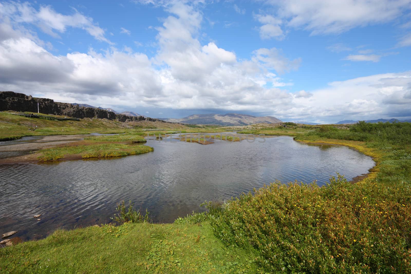 Summer landscape. Lake in Thingvellir - famous area in Iceland.