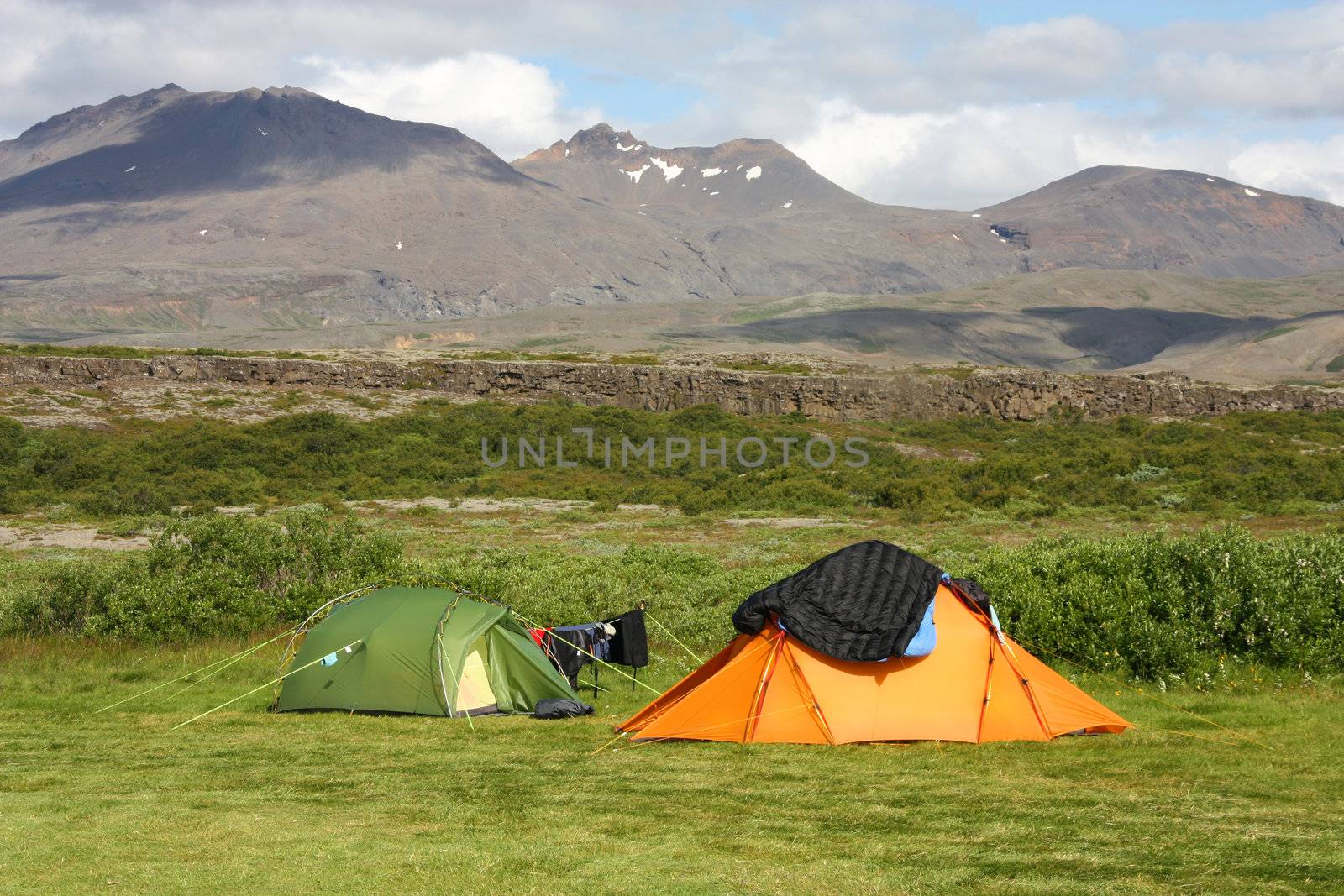 Campsite in Thingvellir - famous tourist area in Iceland. Summer camping.