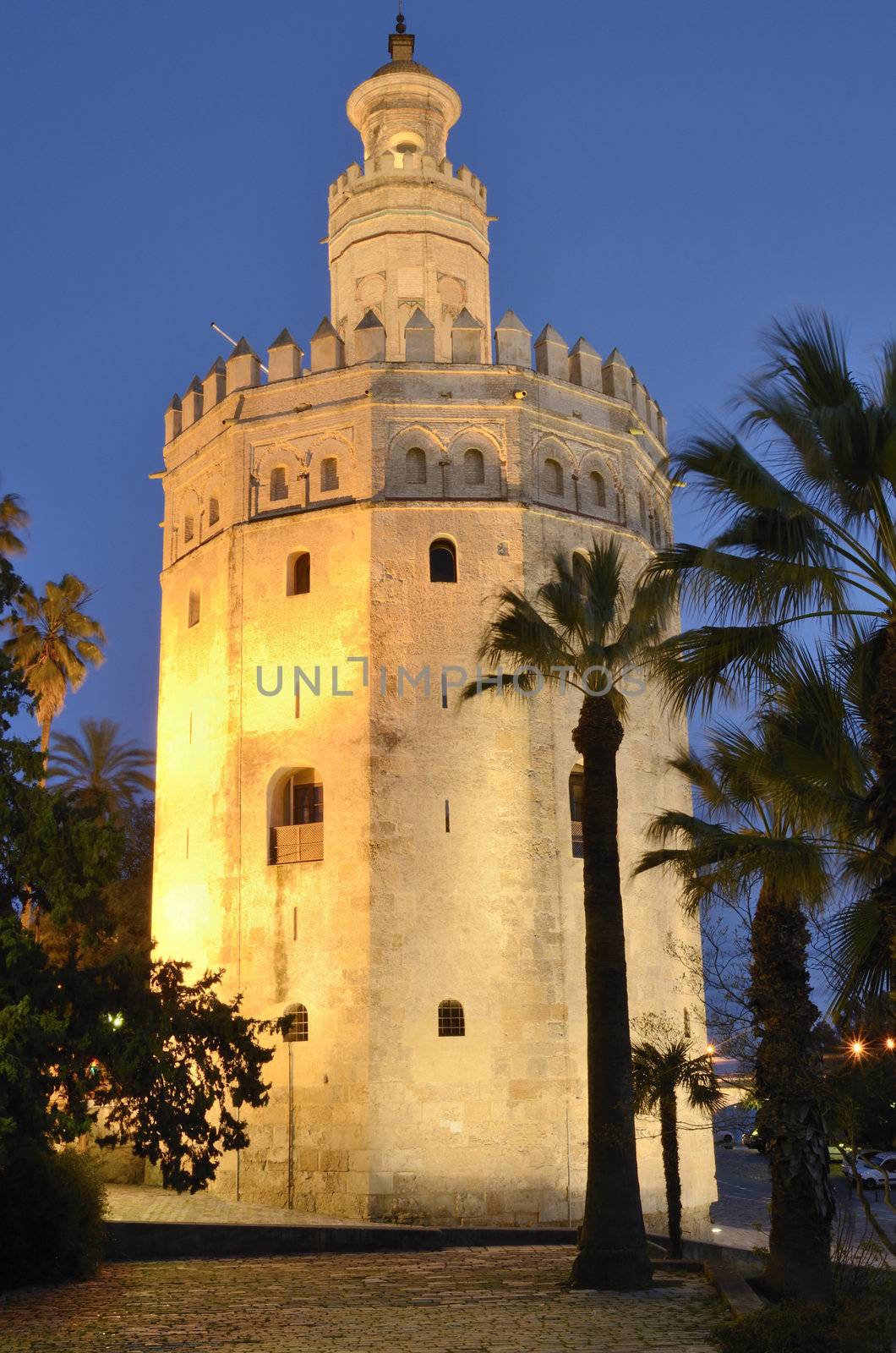 Gold Tower at dusk in Seville, Spain