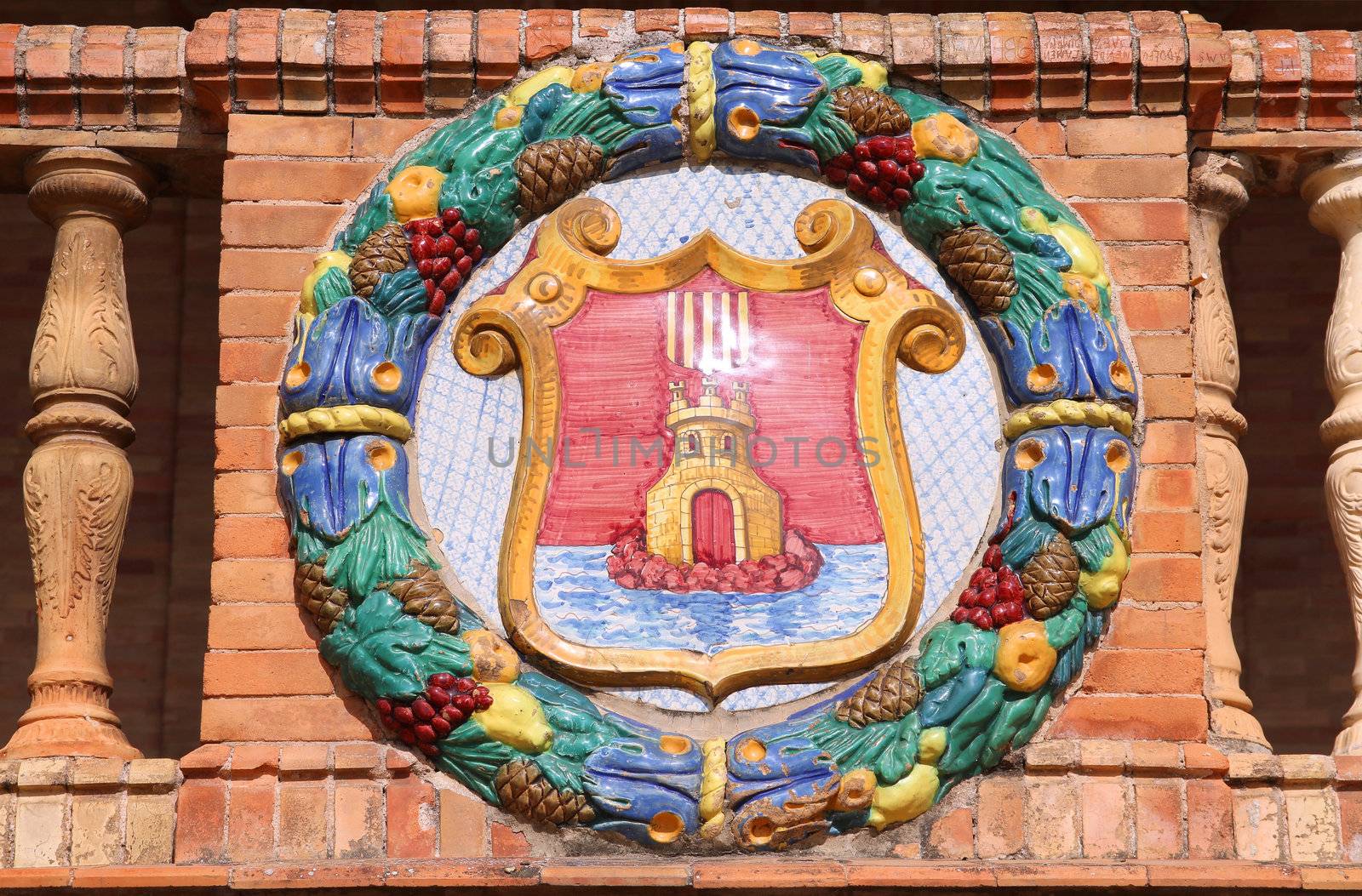 Famous ceramic decoration in Plaza de Espana, Sevilla, Spain. Alicante theme with coat of arms.