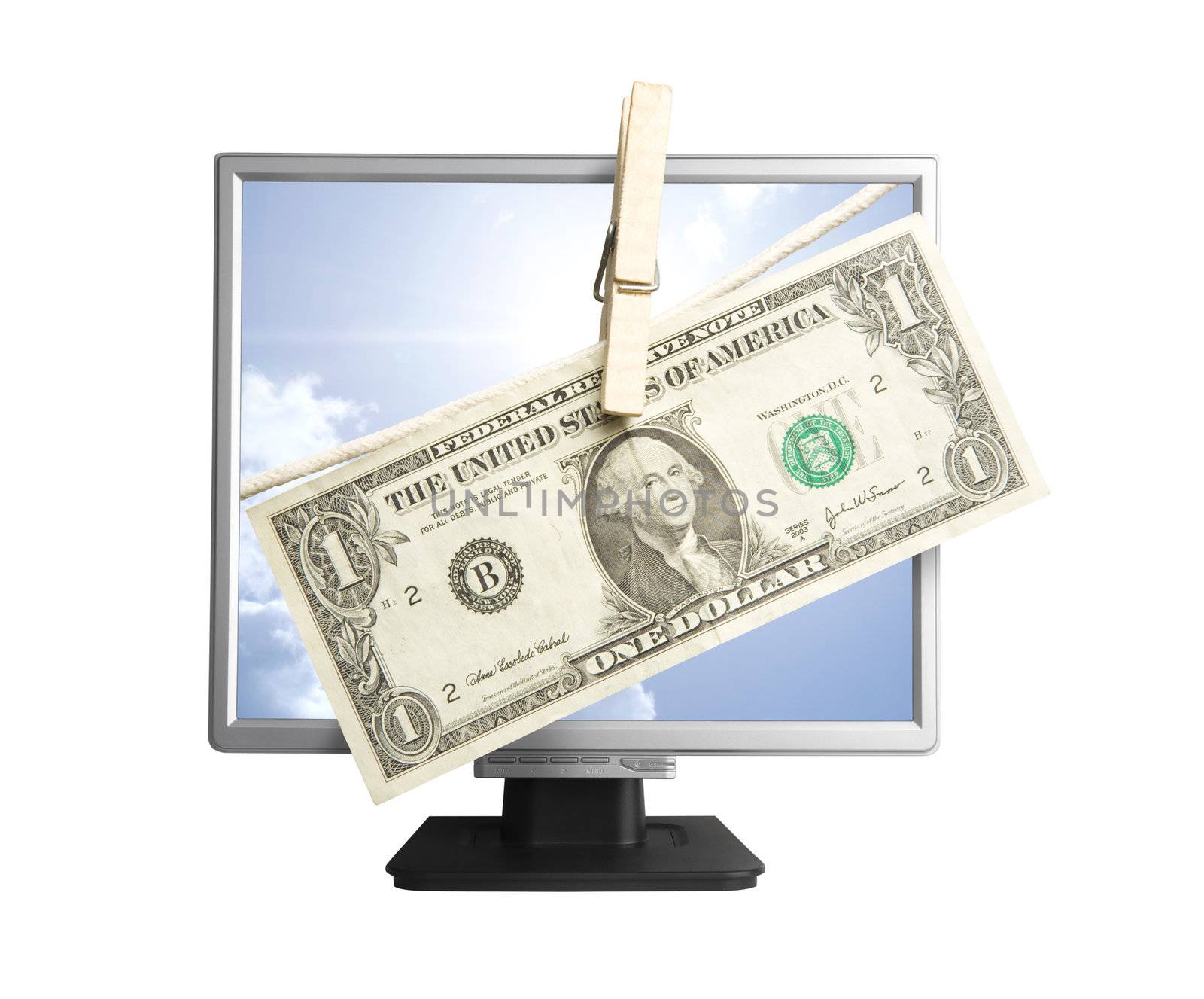 isolated one dollar and computer monitor