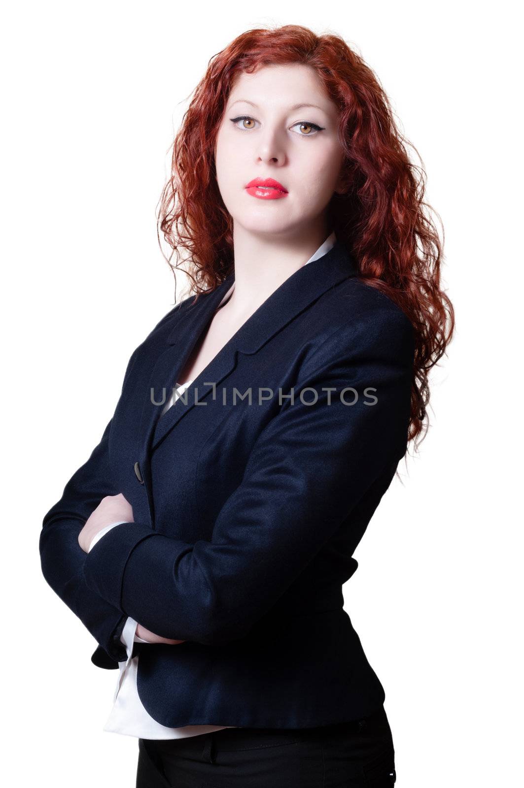 success business long red hair woman on white background