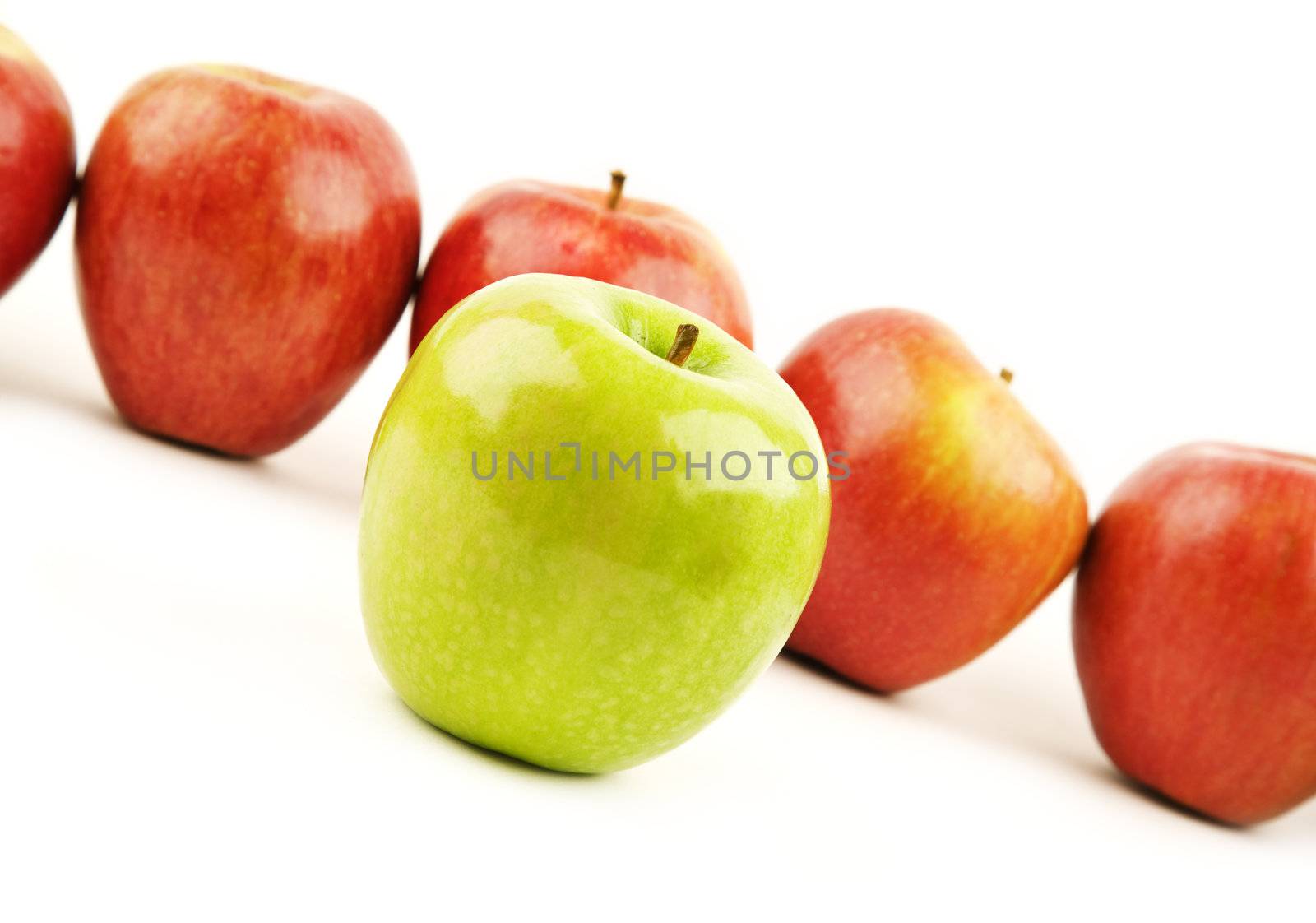 green and red apples isolated on white background,focus point on cutting of green apples