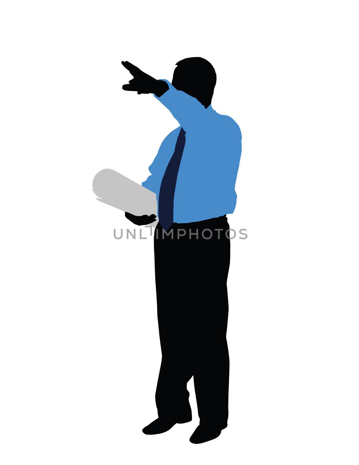 black silhouette of man in the blue shirt isolated on the white background