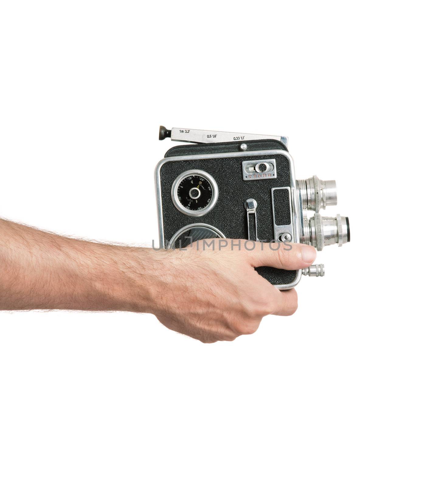 hand with cinecamera isolated on white background