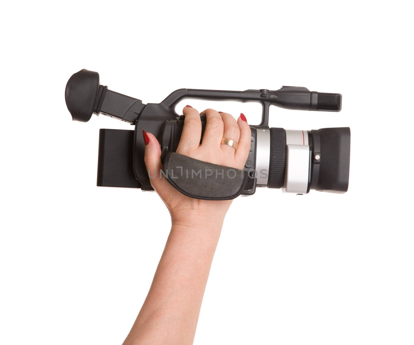hand of woman with video camera isolated on white background