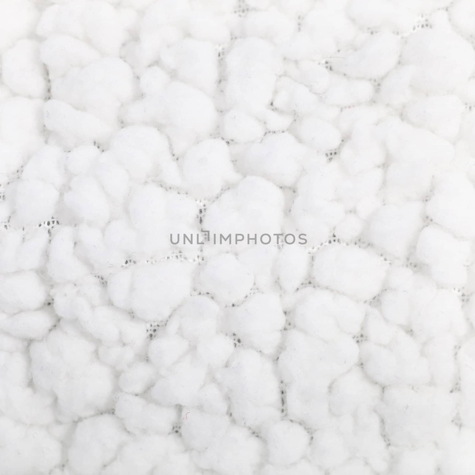 Background texture and pattern of a soft fluffy white textile with balls of white fibres resembling clouds